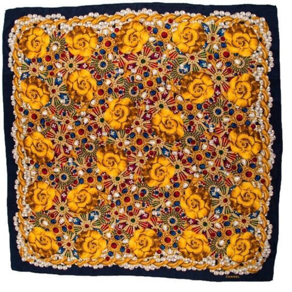 CHANEL Camellia Vintage Authentic Silk Pearl Scarf